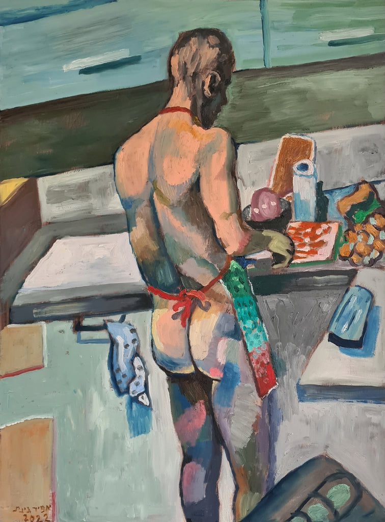oil painting on canvas - Amir Ginat Male Art - In The Kitchen - naked male model doing dishes in the kitchen with an apron.