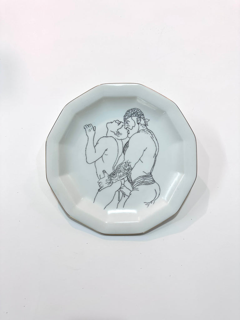 Omri Danino Porcelain Plate engraved with a drawing of two men during intercourse in black on white