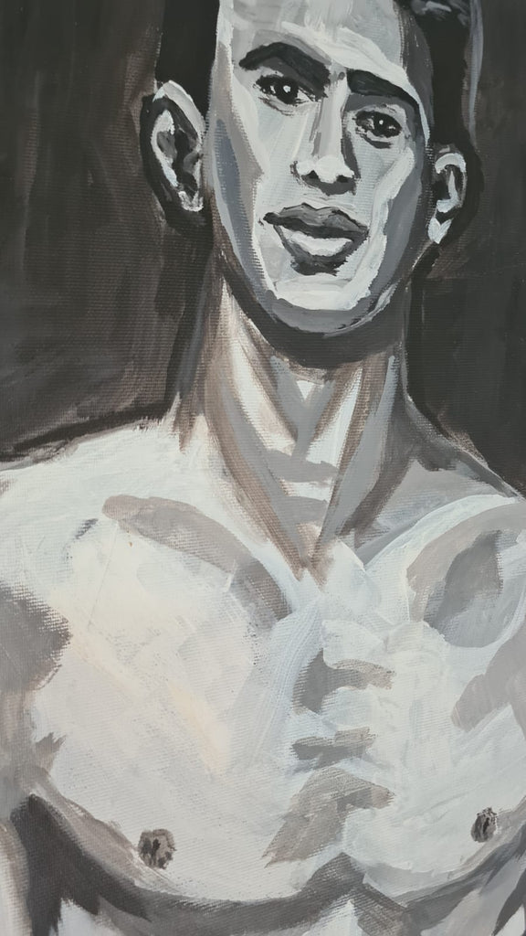 An acrylic painting - Amir Ginat Male Art - Friends - Detail - topless man in grey