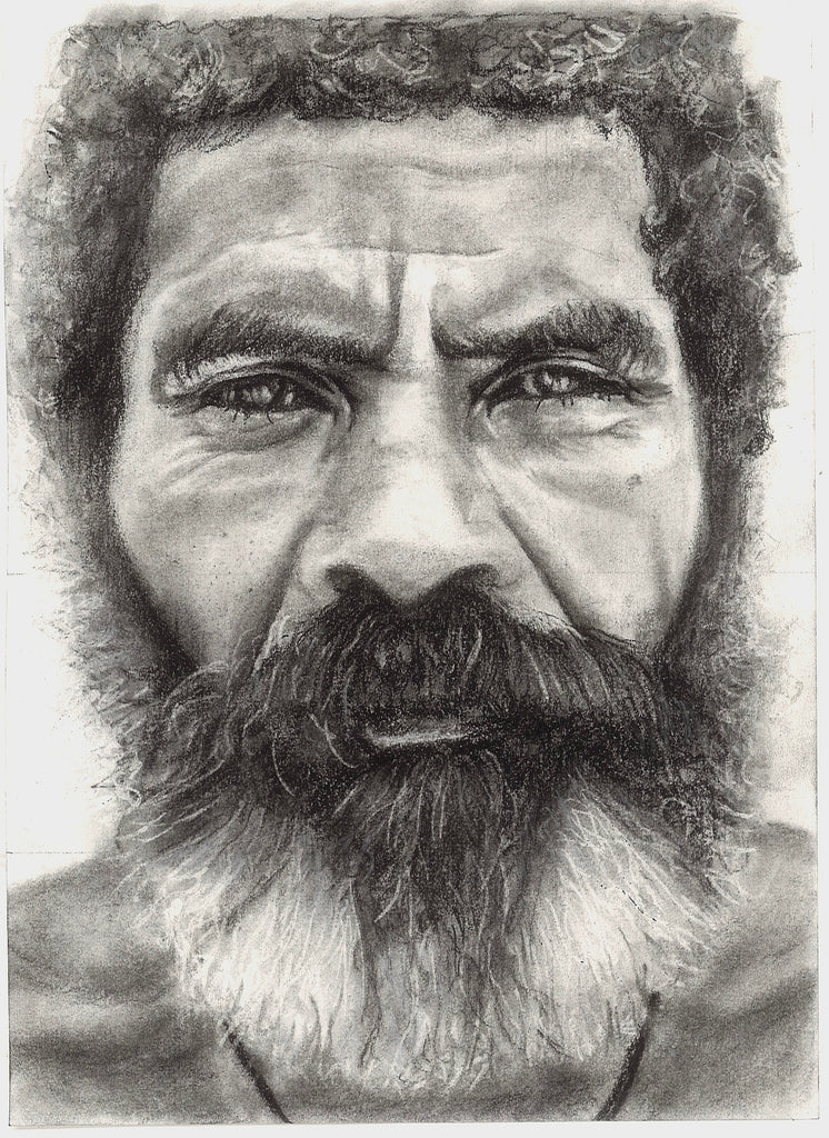 bearded middle aged man drawn in charcoal on paper