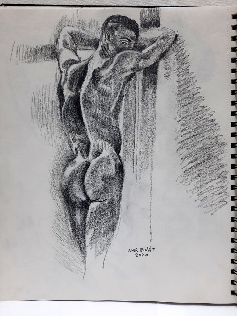 Graphite drawing on paper - Amir Ginat Male Art - Naked Man from the Back - rear view of naked male model leaning on wall with arms up
