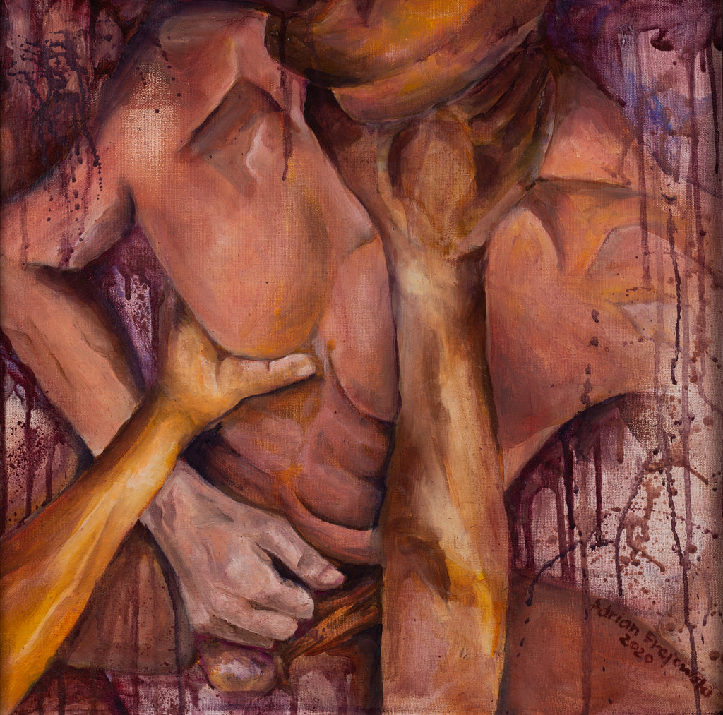 an oil painting - Adrian Frejowski - Choke - one man choking another during intercourse