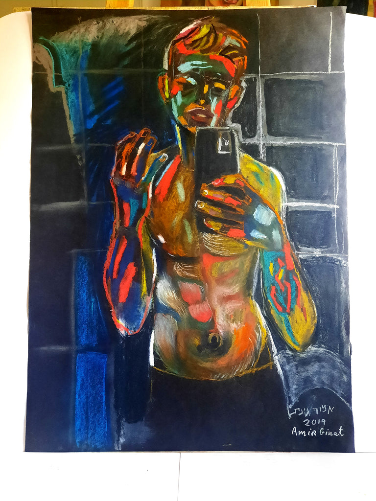 A chalk pastel drawing on black paper - Amir Ginat Male Art - A Boy with Colors On His Body - a teen boy photographing himself in the mirror with his phone 