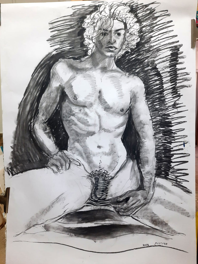 A coal sketch on paper - Amir Ginat Male Art - A Nude Man Seated