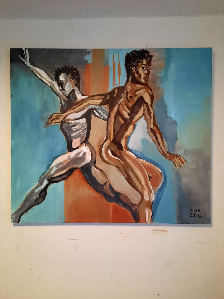 Acrylic painting on canvas - Amir Ginat Male Art - Two Dancers - male nude dancers one is white one is black