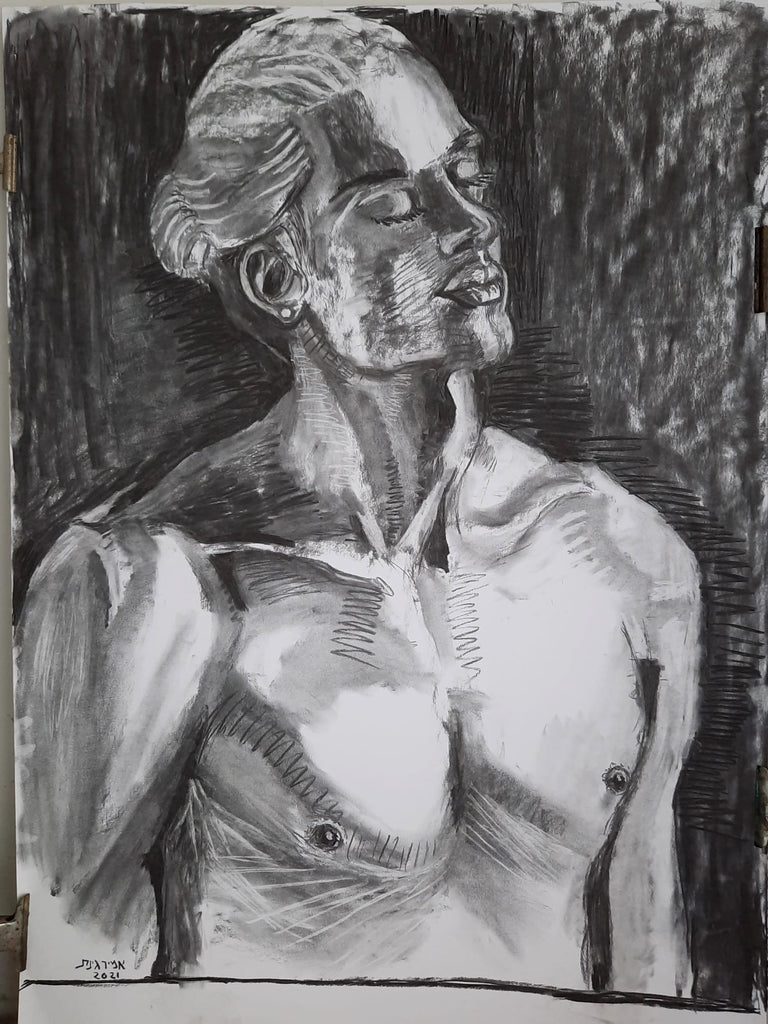 Coal sketch on paper - Amir Ginat Male Art - Male Beauty - topless male model with black background