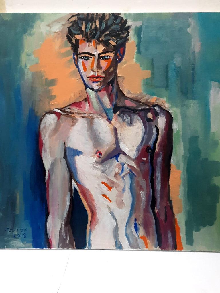 An acrylic painting - Amir Ginat Male Art - Blue Eyes - a topless male model with dark blue green background