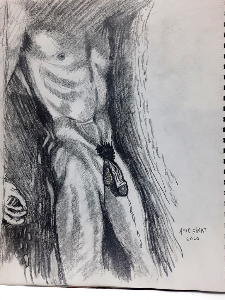 A graphite drawing on paper - Amir Ginat Male Art - Frontal Male Nude 