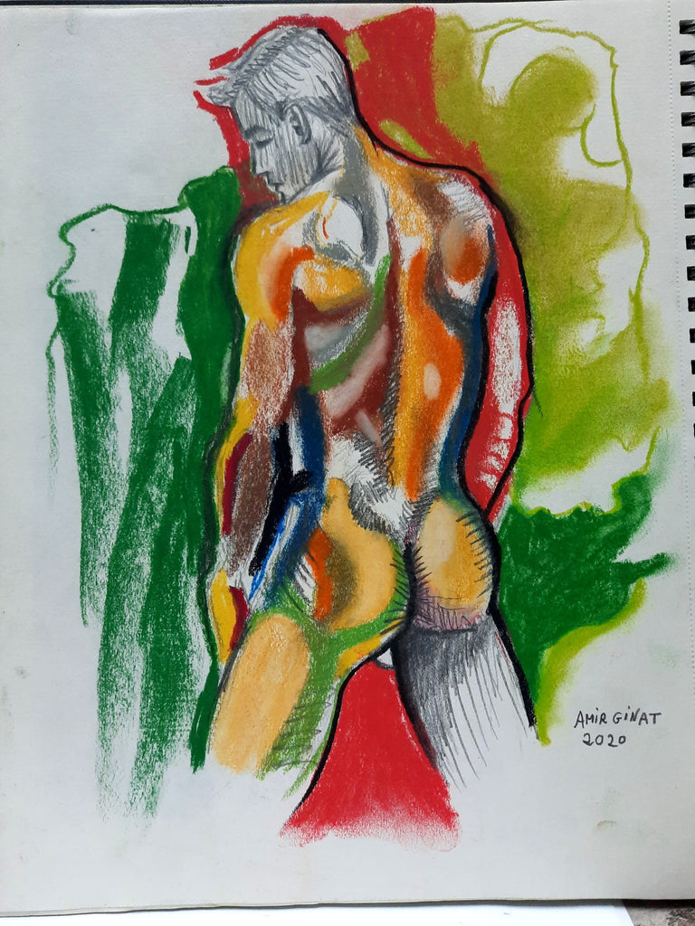 A chalk and pastel drawing on paper - Amir Ginat Male Art - Happiness - colorful man from behind with exposed behind in red and green background