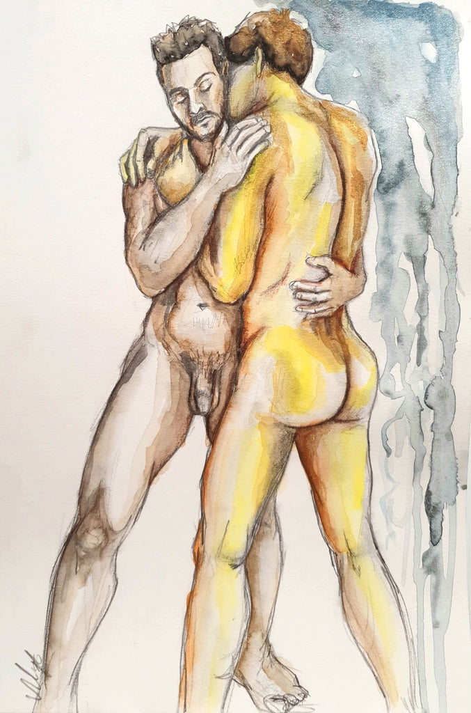 Graphite and water color drawing by Avishai Levy - Hug - nude male models hugging. in yellow brown and blue.