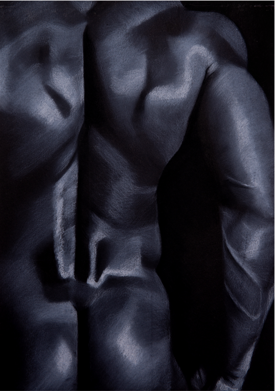 Art by Chen Tuby - Jan - White pastel on black paper - a muscled male torso view from the back