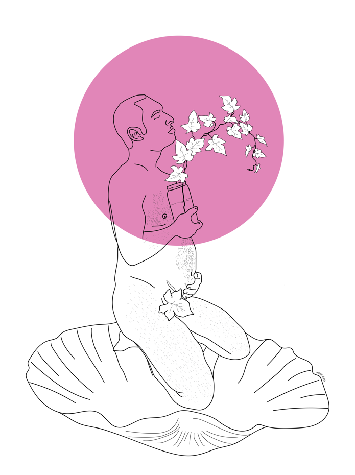 Venus by Adam Dahir - An illustration of line art - a stocky man with a fig leaf covering his genitals lays in a clam with a pink circle around his head and holding a branch with white flowers 