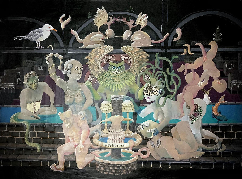 an oil painting by Daphne Shani - a surrealist depiction of characters that are part beast part human around a fountain. A mother breastfeeding a baby and there are flying naked toddlers. along with a seagull, an owl and fish, on the background is the city Tiberias with the iconic black basalt cottages