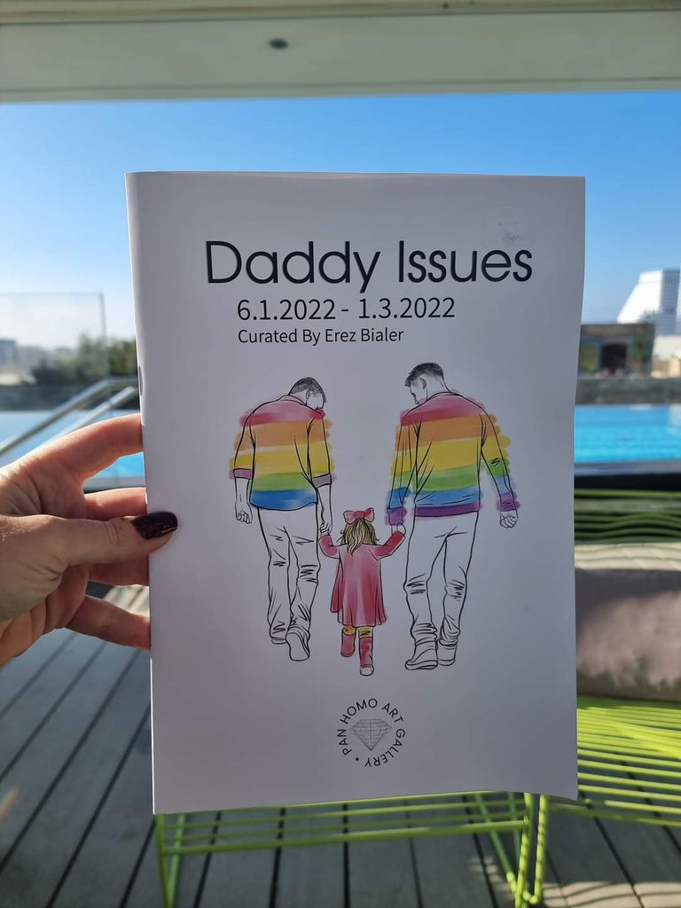 catalog of "daddy Issues" exhibition with an illustration of a  gay couple holding a child