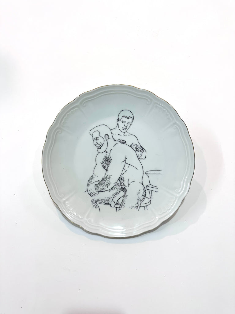 Omri Danino Porcelain Plate engraved with a drawing of two nude male models, one older hairy bearded man with full frontal un-erect penis, and another younger man behind him