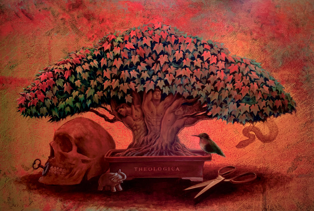Rob Moler oil painting - Theologica - a red leaf tree with human male bodies stem is shadowing a human skull, a tiny elephant, a colibri and scissors. In the tree there is a snake