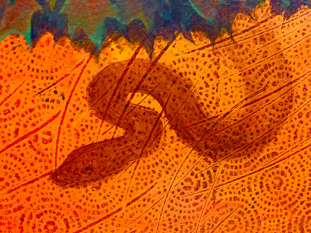 Rob Moler oil painting - Theologica - a red leaf tree with human male bodies stem is shadowing a human skull, a tiny elephant, a colibri and scissors. In the tree there is a snake - detail - snake