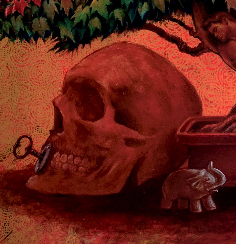 Rob Moler oil painting - Theologica - a red leaf tree with human male bodies stem is shadowing a human skull, a tiny elephant, a colibri and scissors. In the tree there is a snake - detail - skull