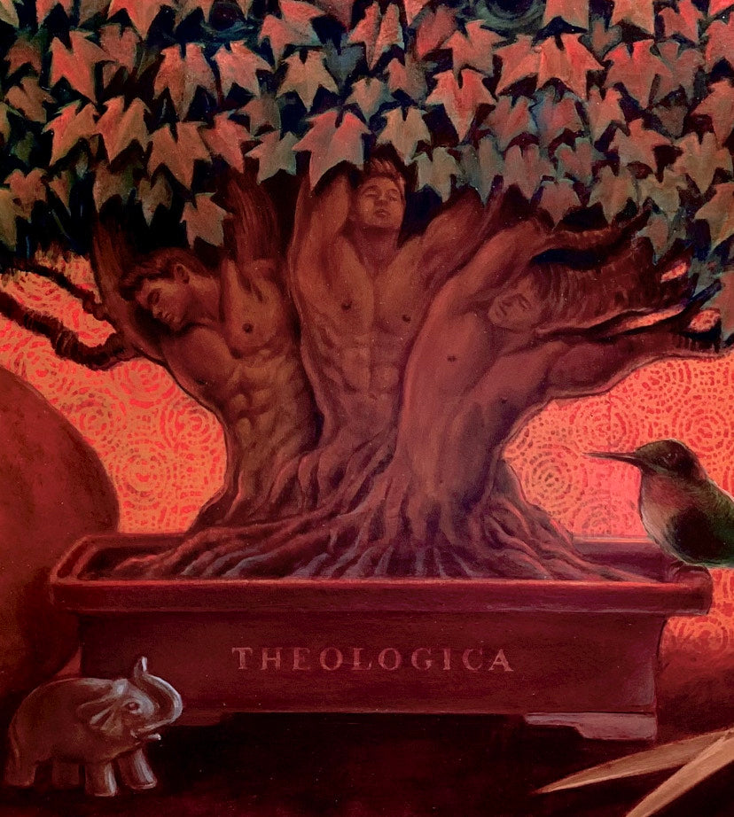 Rob Moler oil painting - Theologica - a red leaf tree with human male bodies stem is shadowing a human skull, a tiny elephant, a colibri and scissors. In the tree there is a snake - detail - tree stem, roots and colibri and elephant