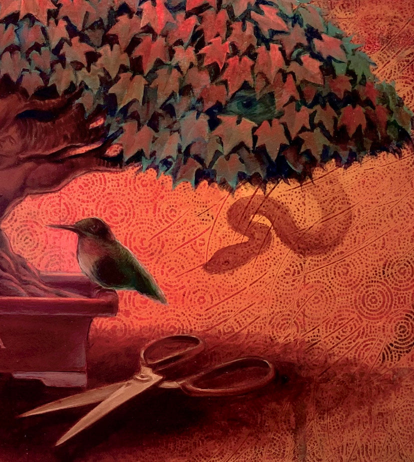 Rob Moler oil painting - Theologica - a red leaf tree with human male bodies stem is shadowing a human skull, a tiny elephant, a colibri and scissors. In the tree there is a snake - detail - leaves and scissors on the ground and colibri and snake