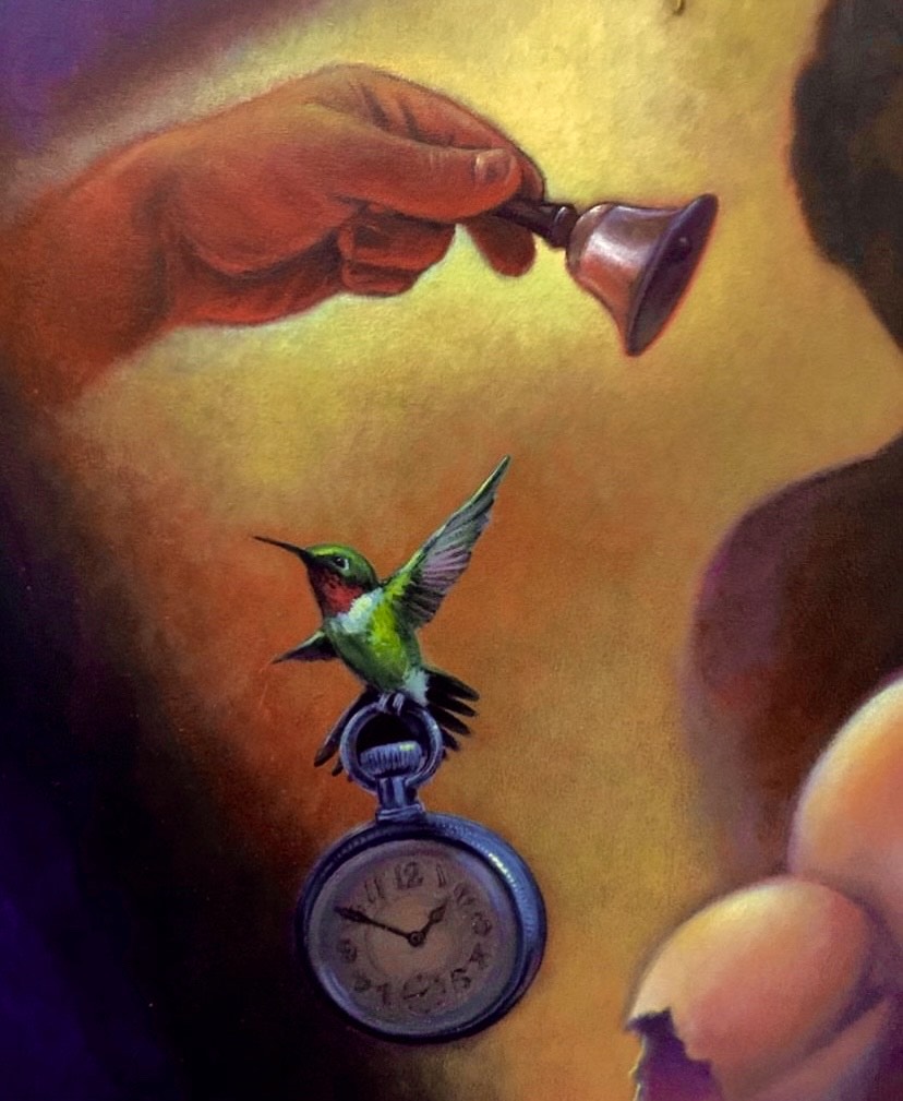 A surrealist oil painting by Rob Moler - a skulled muscle torso with severed limbs, with clocks, scissors and flowers. His shadow is with a face and the background is yellow gold - details hand with bell, clock with colibri 