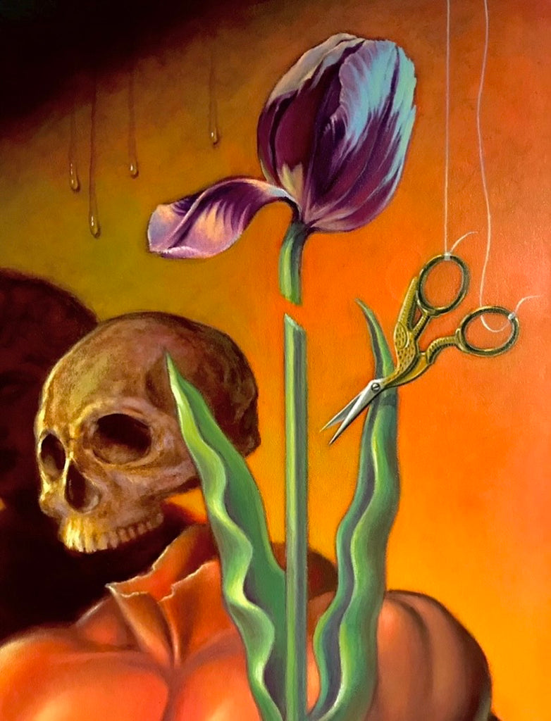 A surrealist oil painting by Rob Moler - a skulled muscle torso with severed limbs, with clocks, scissors and flowers. His shadow is with a face and the background is yellow gold - detail skull and flower with scissors