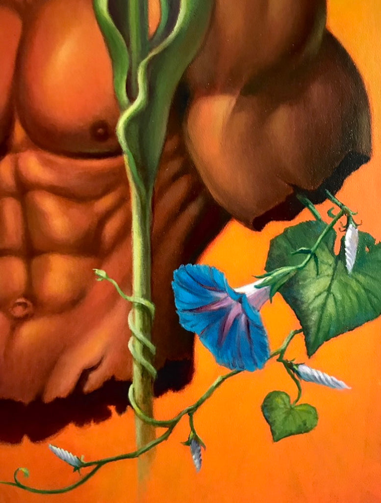 A surrealist oil painting by Rob Moler - a skulled muscle torso with severed limbs, with clocks, scissors and flowers. His shadow is with a face and the background is yellow gold - detail torso and blue flower
