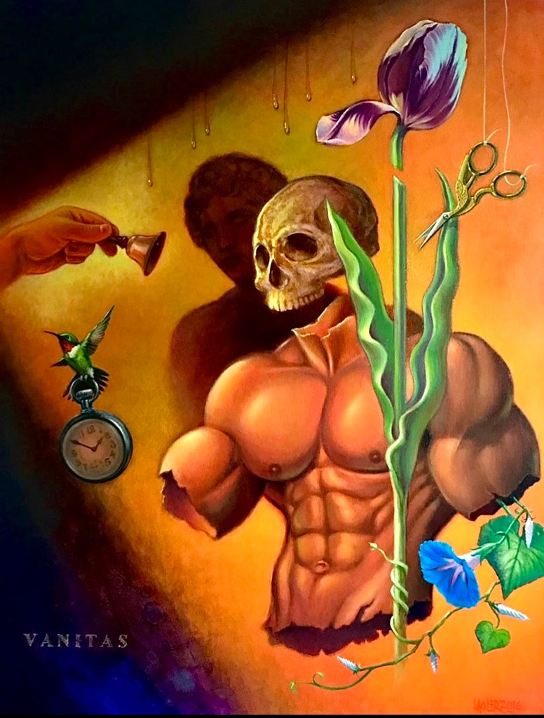 A surrealist oil painting by Rob Moler - a skulled muscle torso with severed limbs, with clocks, scissors and flowers. His shadow is with a face and the background is yellow gold