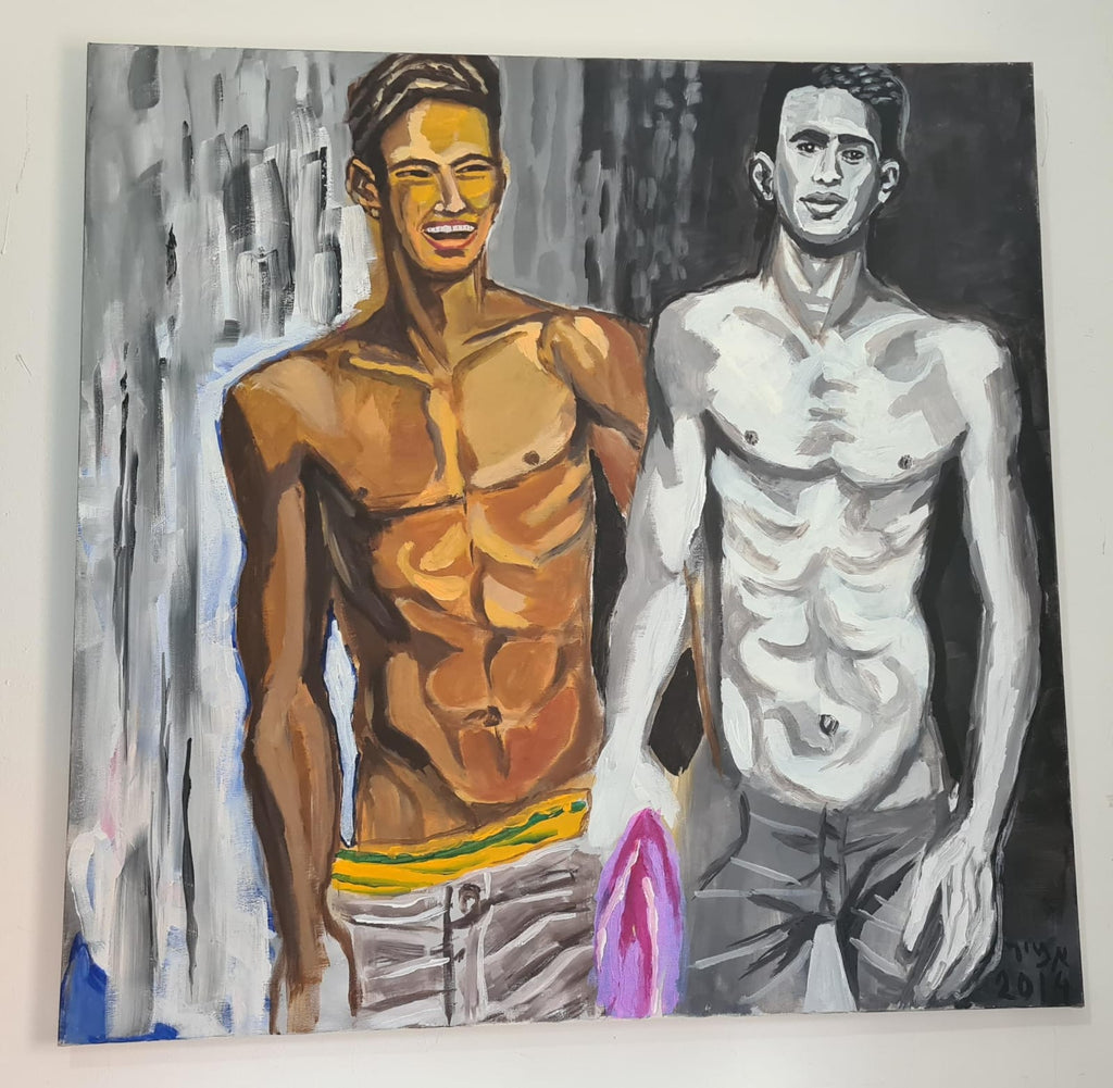 An acrylic painting - Amir Ginat Male Art - Friends - two topless men, wearing jeans, one is laughing and the other holding a purple scarf, grey black and white background