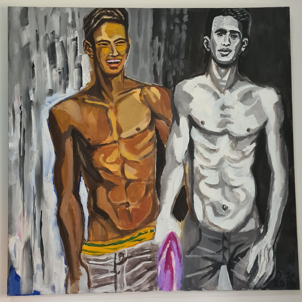 An acrylic painting - Amir Ginat Male Art - Friends - two topless men, wearing jeans, one is laughing and the other holding a purple scarf, grey black and white background