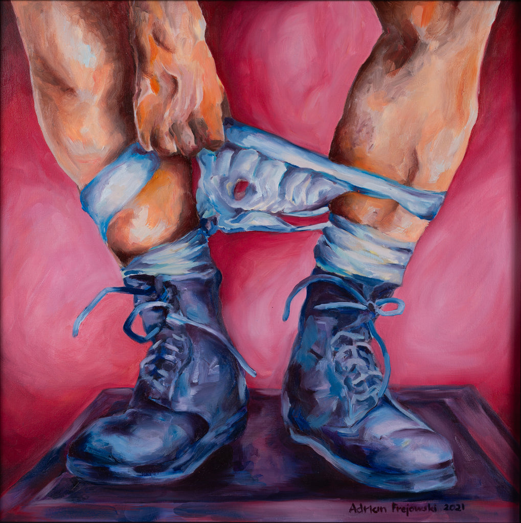 An oil painting - Adrian Frejowski - Jocks - A man's legs with military shoes and jocks he is pulling off with one hand, on a red background