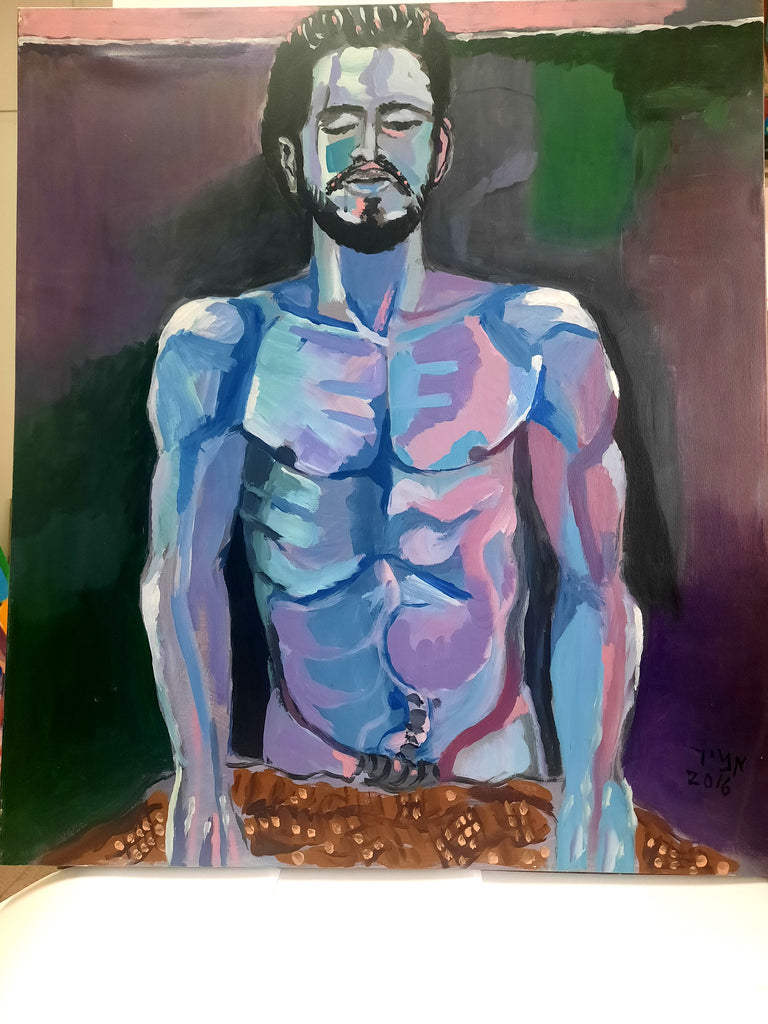 Acrylic painting - Amir Ginat Male Art - John - topless male model in purple with purple and dark green background