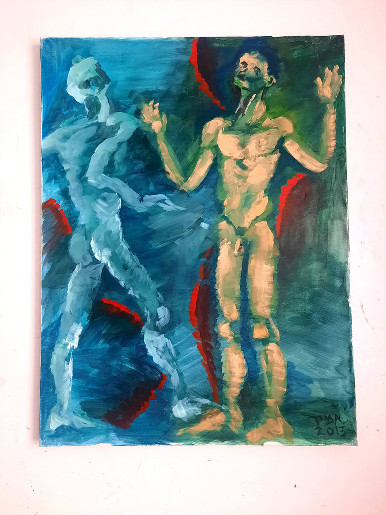 Acrylic painting on canvas - Amir Ginat Male Art - Naked Dancers - two naked male models with blue-green background