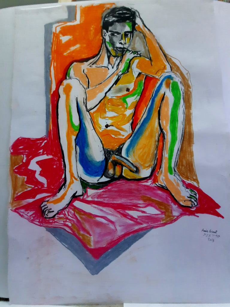 A chalk and pastel drawing on paper - Amir Ginat Male Art - Invitation - full frontal male nude - man spreading legs