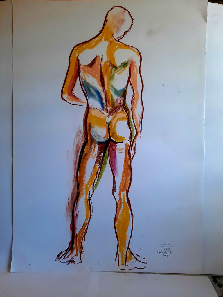 Amir Ginat Male Art - Nude Model - rear view on male nude chalk and pastel on paper