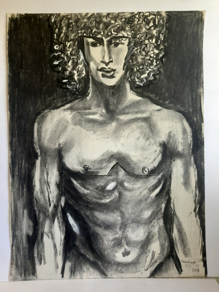a coal sketch on paper - topless male model with curly hair