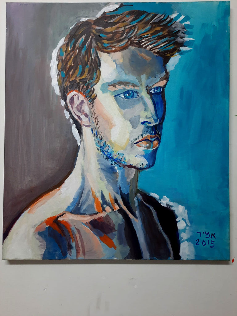 An acrylic painting - Amir Ginat Male Art - A Boy in Blue - a portrait of a male model with a blue background
