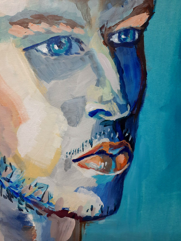An acrylic painting - Amir Ginat Male Art - A Boy in Blue - a portrait of a male model with a blue background - close up on face