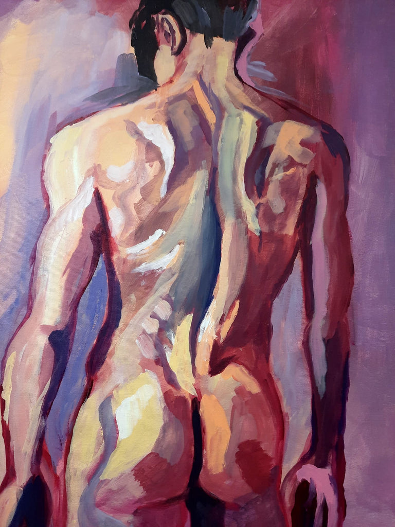 An acrylic painting - Amir Ginat Male Art - A Nude Man from the Back - purple background - detail of male nude torso