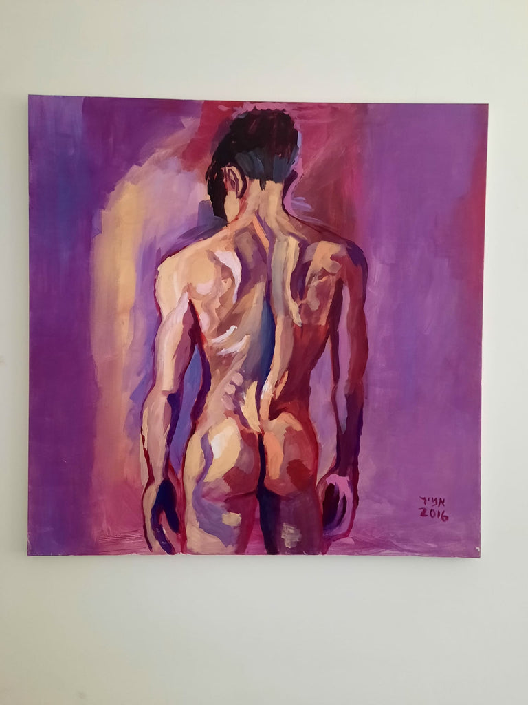 An acrylic painting - Amir Ginat Male Art - A Nude Man from the Back - purple background