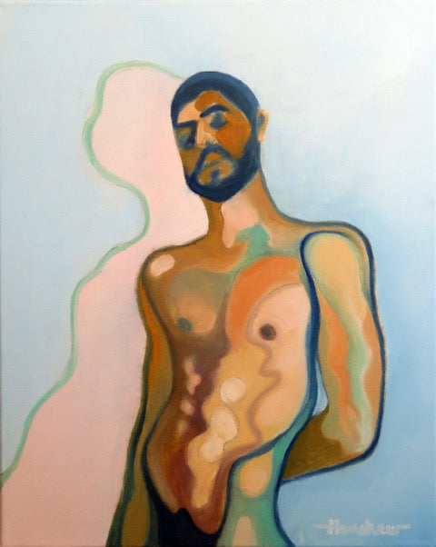 an oil painting by Dennis Hanshew - a topless naked bearded man view from the front. blue bakcground