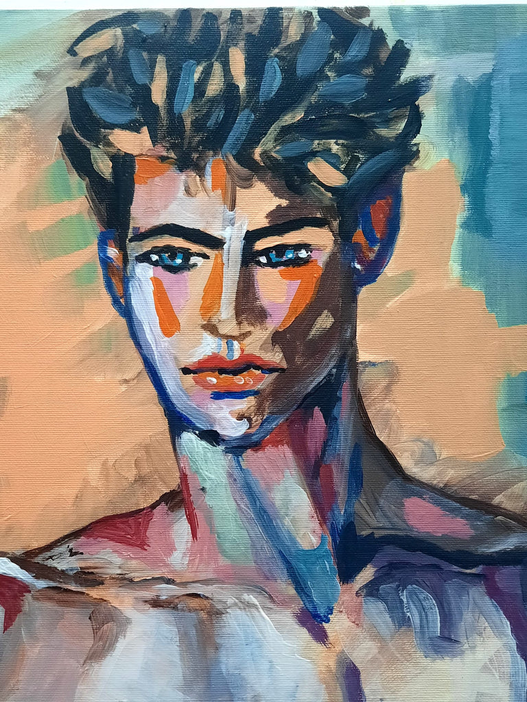 An acrylic painting - Amir Ginat Male Art - Blue Eyes - a topless male model with dark blue green background - detail - face