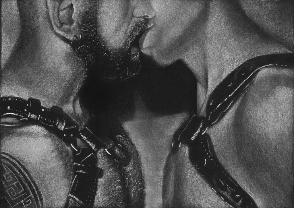 Art by Chen Tuby - Jan - White pastel on black paper - Two male model kiss while one is bearded and the other is smooth and they are wearing black gay bdsm harnesses
