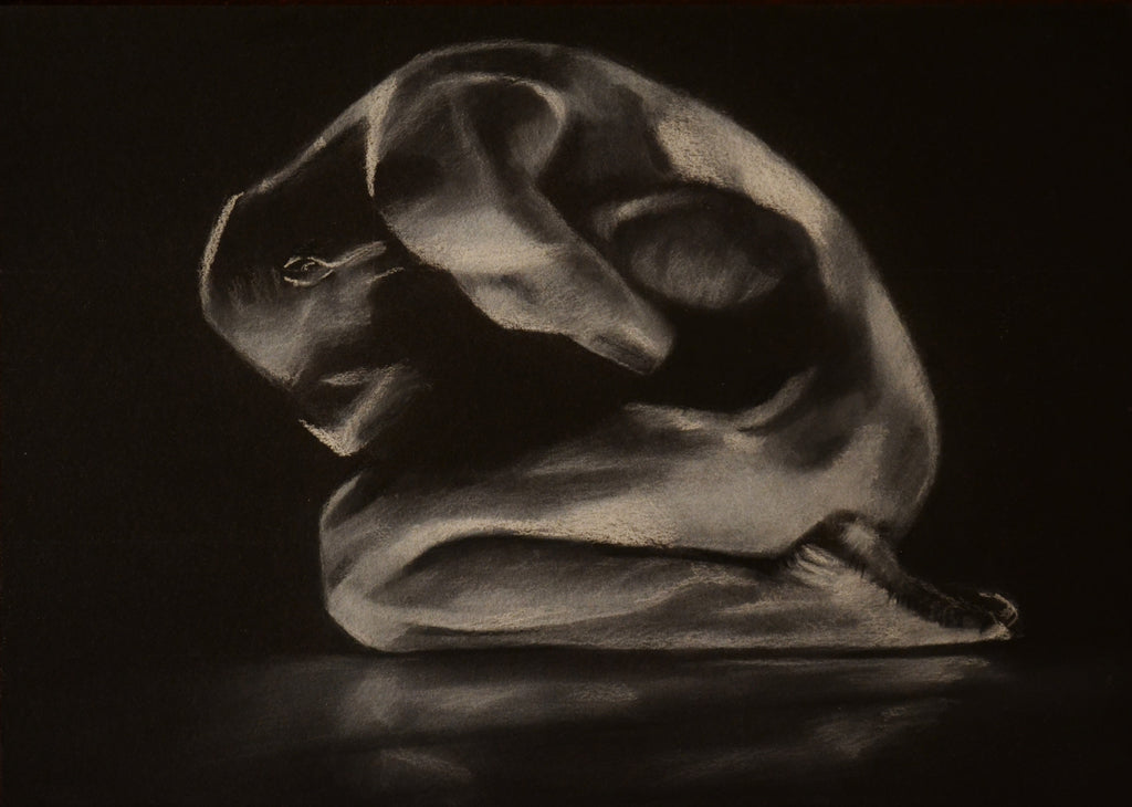 Art by Chen Tuby - White pastel on black paper - naked man sits on floor bent over his knees with his hands covering his face