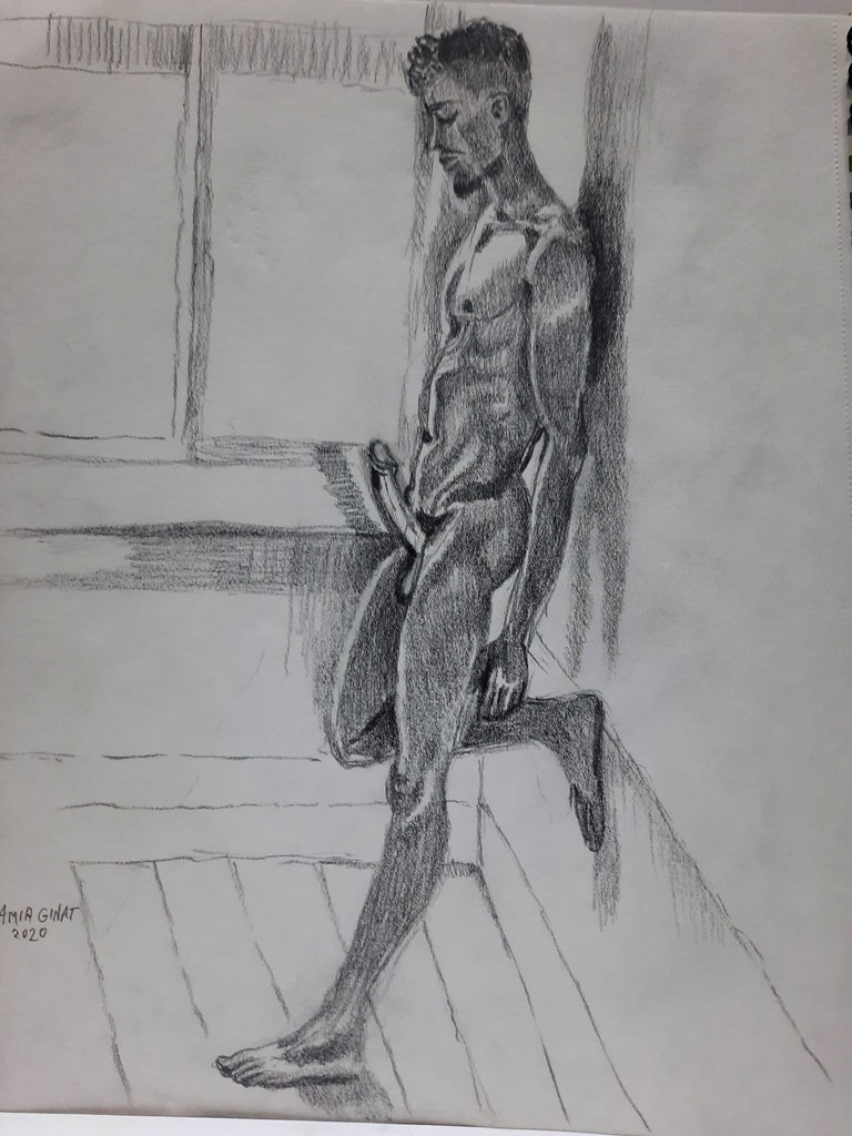 a graphite sketch on paper - Amir Ginat Male Art - Desire - full frontal male nude with erection