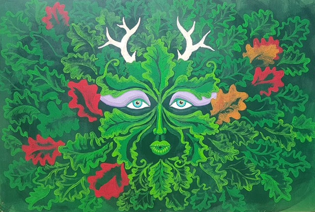 Acrylic on wood - Ananda (Noam Paz)- God of the Forest - the face of the god of the forest in green leaves, horns like a deer and eyes with purple dye