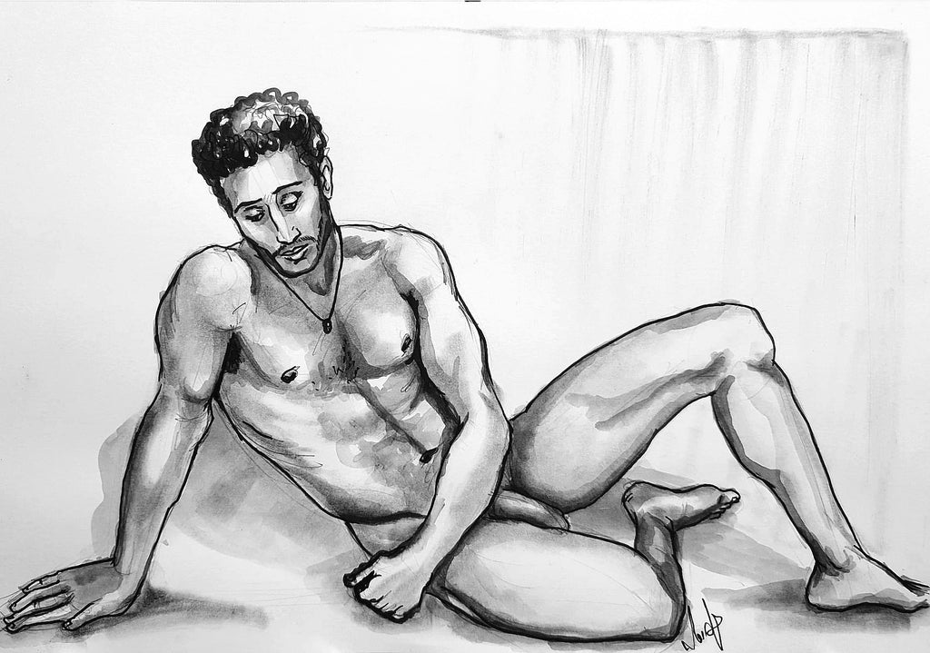 Graphite and water color on paper by Avishay Levi - Nude male sitting on the ground. black and white.