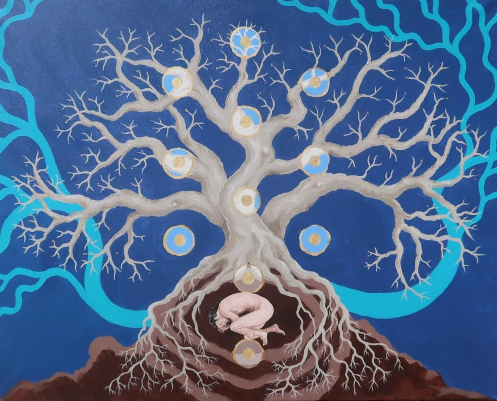 Acrylic painting on canvas - Ananda (Noam Paz) - Inwards - nude man positioned like a fetus in the roots of a big tree with earth and a blue background