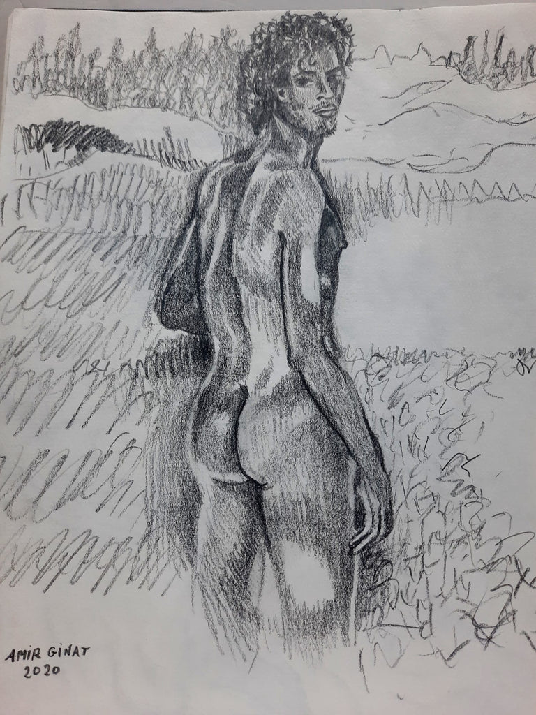 graphite sketch on paper - Amir Ginat Male Art - Look! - naked male model looking back in a field