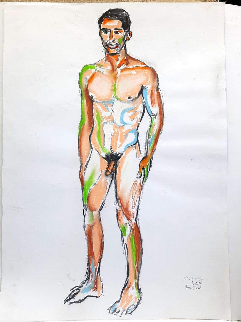 Chalk and pastel drawing - Amir Ginat Male Art - Naked Man - naked male model with white background